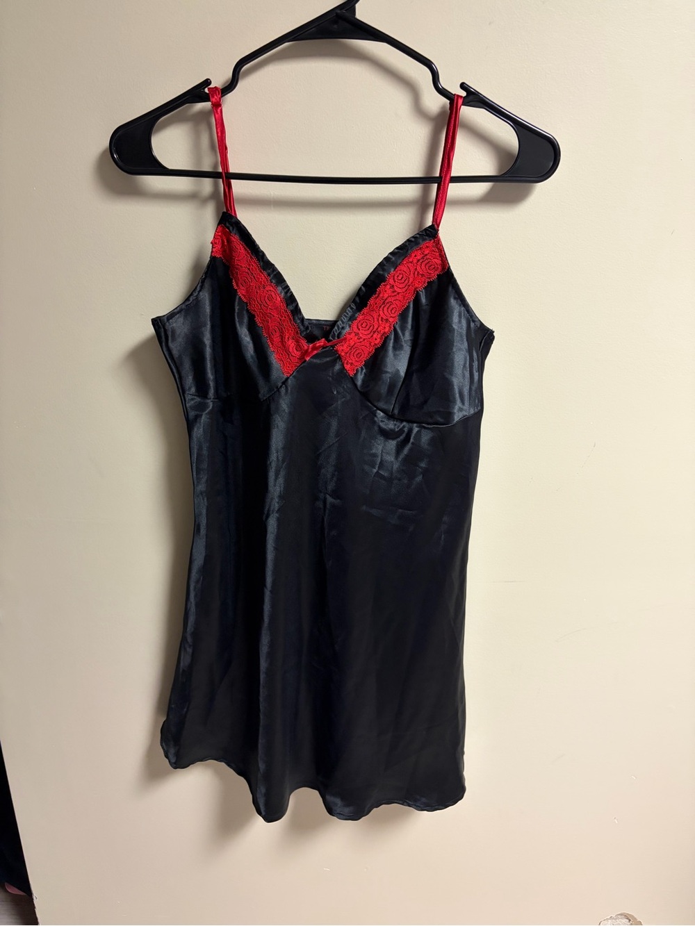 Black & Red Lace Satin Chemise Slip